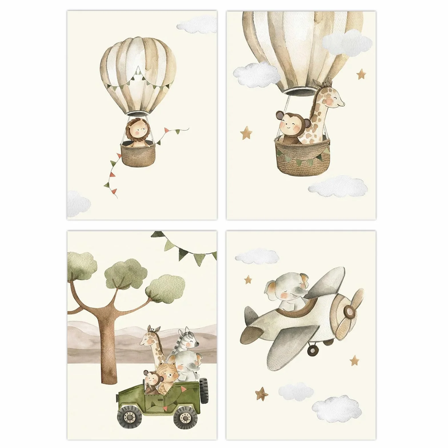 YunBey Juego de 4 Laminas Infantiles Cuadros Infantiles de Animales de la Jungla Sin Marco A4 Laminas Decorativas Pared Infantil para Habitación de Bebé