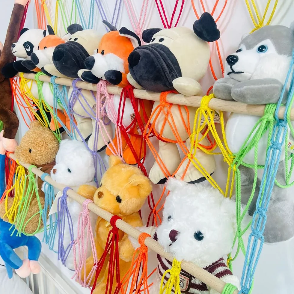 Hamaca de Almacenamiento de Animales de Peluche, Macramé para Colgar en la Pared Juguetes de Peluche Hamaca de Red Organizador de Juguetes Altura Ajustable para Guardería Sala Habitación