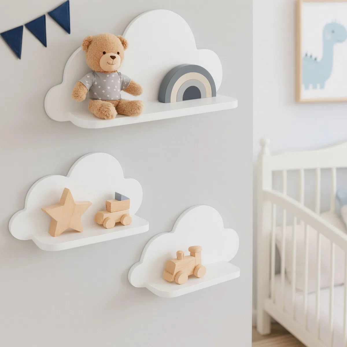 Montessori - Estantería de pared para habitación infantil (3 unidades, montaje sencillo y respetuoso con el medio ambiente), color blanco
