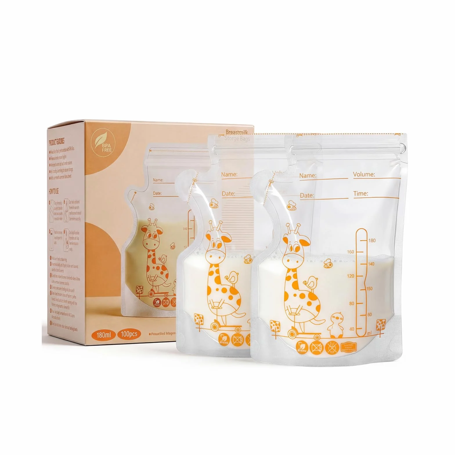 Vinabo Bolsas de Almacenamiento de Leche Materna, 180ml, 100 Unidades, Polietileno, Doble Cierre, Congelación Rápida, Libre de BPA