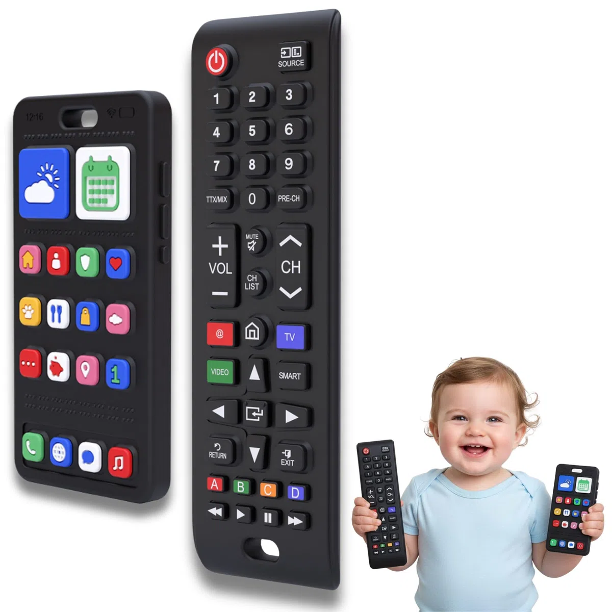 Mando a distancia para bebé y teléfono para bebé - Juguete realista sin electrónica - Mordedor de silicona 100% para niños y niñas - Sin BPA - Broemba® Bari