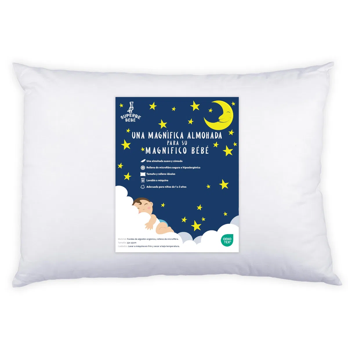 Almohada Infantil Blanca 33x45 Cm De Algodón Oeko-Tex - Almohada Cuna Bebe Y Niños- Cojin Pequeño para Bebés para Siestas En La Guardería, Escuela Y Viajes - 1 Año 2 Años
