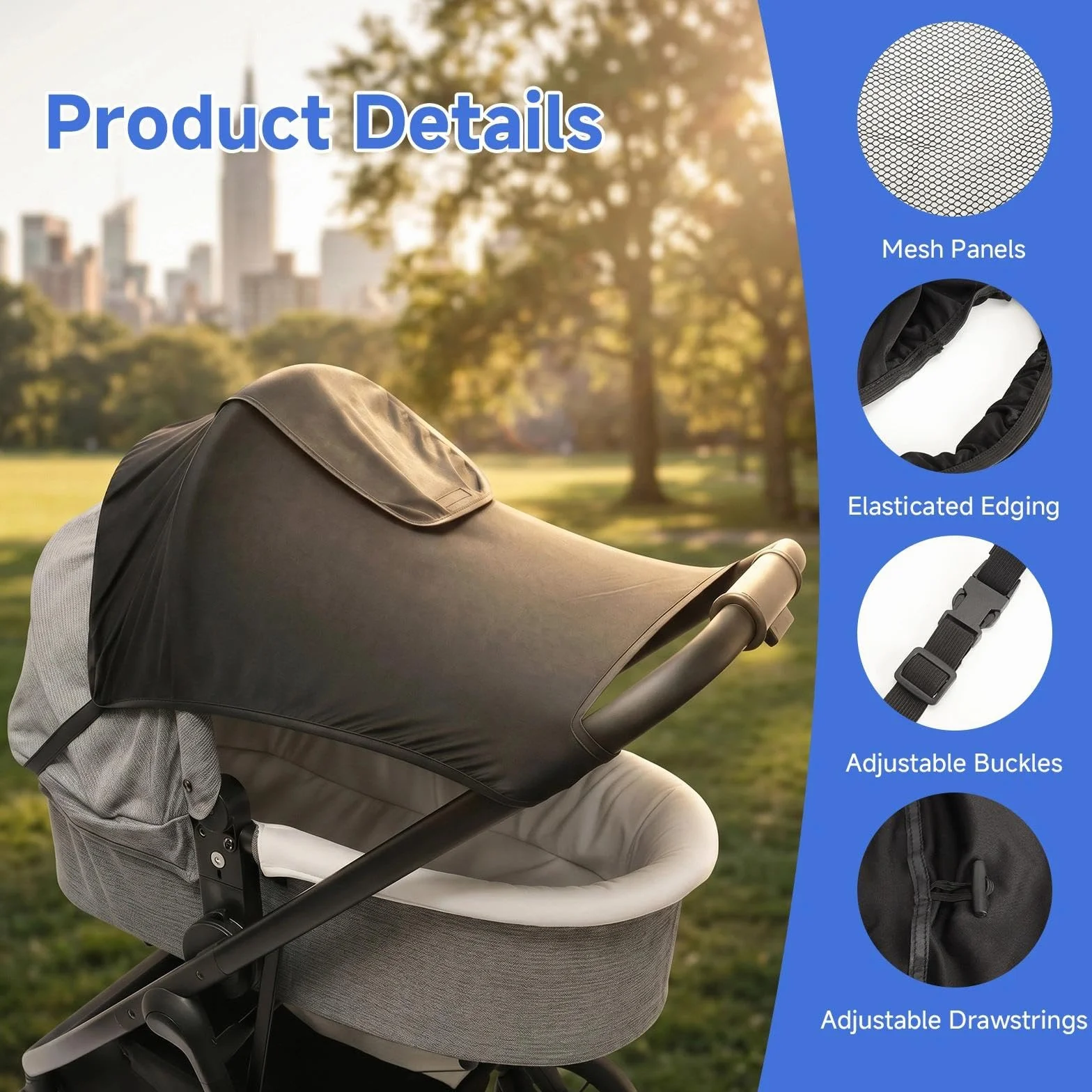 Sombrilla Carro Bebe Universal con Protección UV, Transpirable Parasol Carro Bebe con Ventana, Ajustable Universal Protector Solar Carrito Bebé, Negro