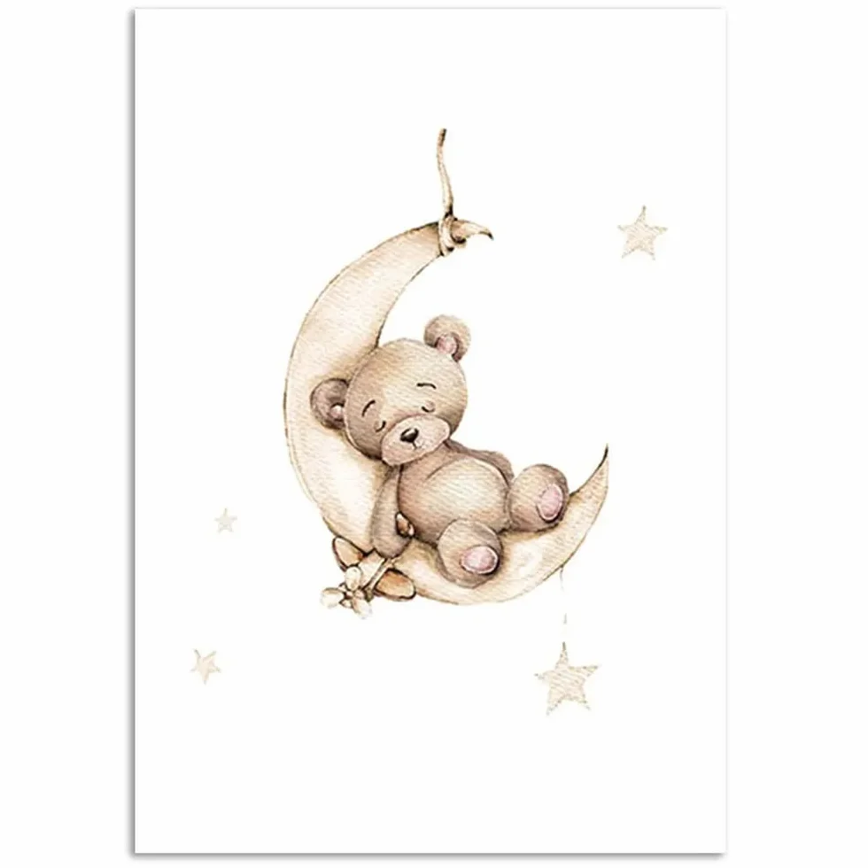 3 Laminas Personalizadas Nombre Bebé Oso Estrellas Nube Luna Cuadro Tonos Marrones Animales Decoración Pared Dormitorio Niño Beige Poster Habitacion Infantil Regalo Lienzo 30 x 40 cm Sin Marco