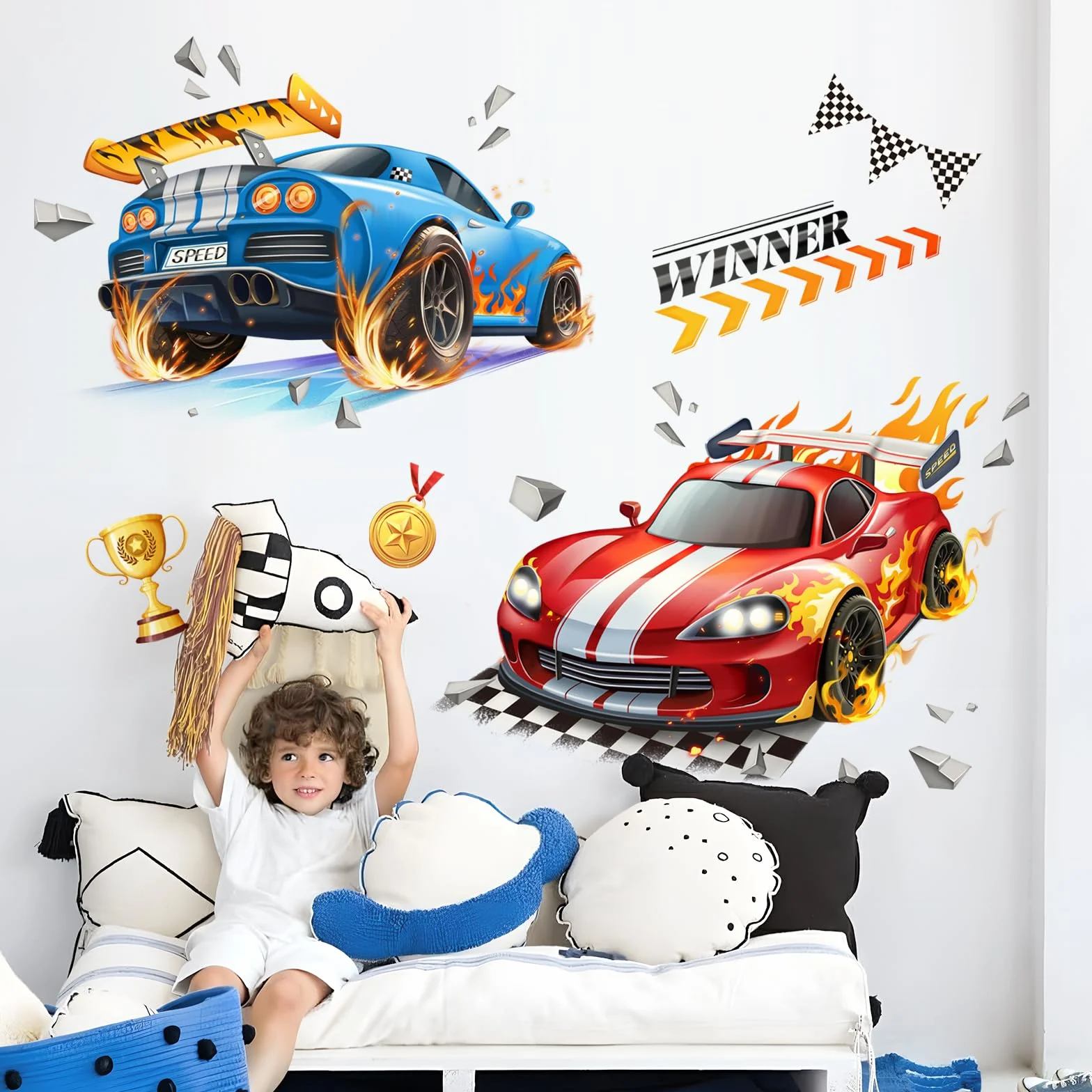 Pegatinas de Pared 3D Coches de Carreras Vinilos Decorativos Rojo Azul Banderas Adhesivos para Infantiles Niño Dormitorios