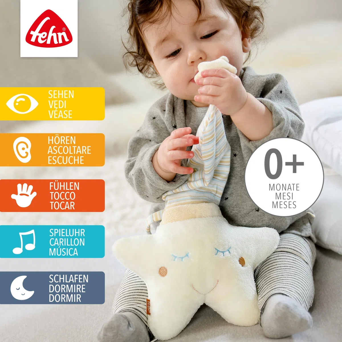Fehn caja de música estrella - Peluche y Ayuda para Dormir: Caja con cuerda y suave melodía Sabes cuántas estrellas hay, reconforta en cualquier situación - para bebés y niños pequeños desde 0 meses