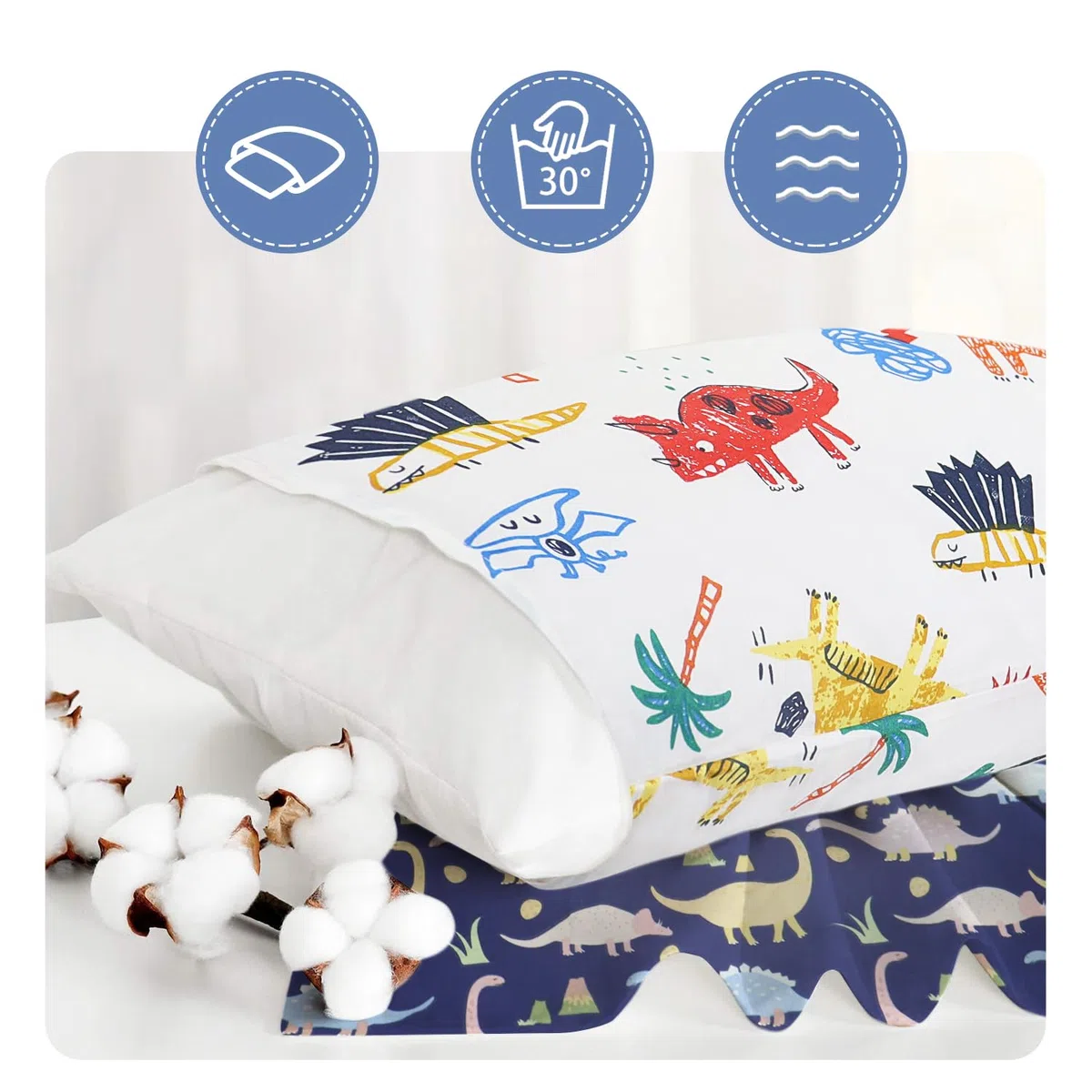 Juego de 2 fundas de almohada para niños, 100 % algodón, 40 x 60 cm, funda de almohada suave y transpirable, para niños y niñas, funda de almohada de bebé con sobre