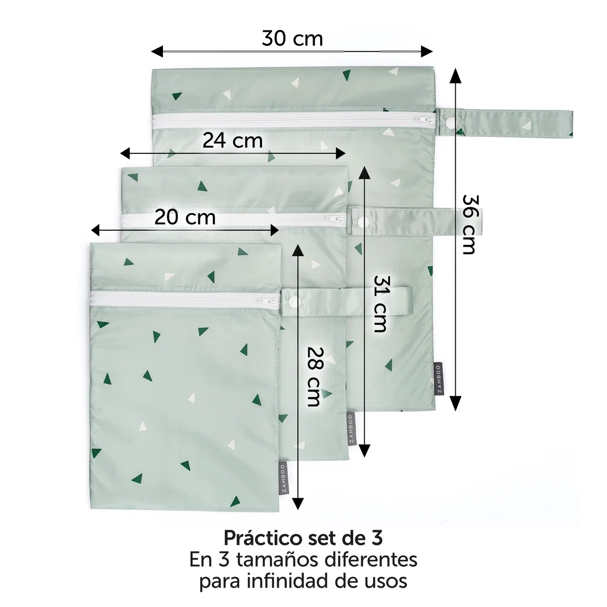 Zambo Bolsa Pañales Bebe Repelente al Agua 3 Uds, Bolsa Muda Guarderia Certificadas Sin Sustancias Nocivas, Set de Bolsas de Tela con Cremallera 3 Tamaños - Verde