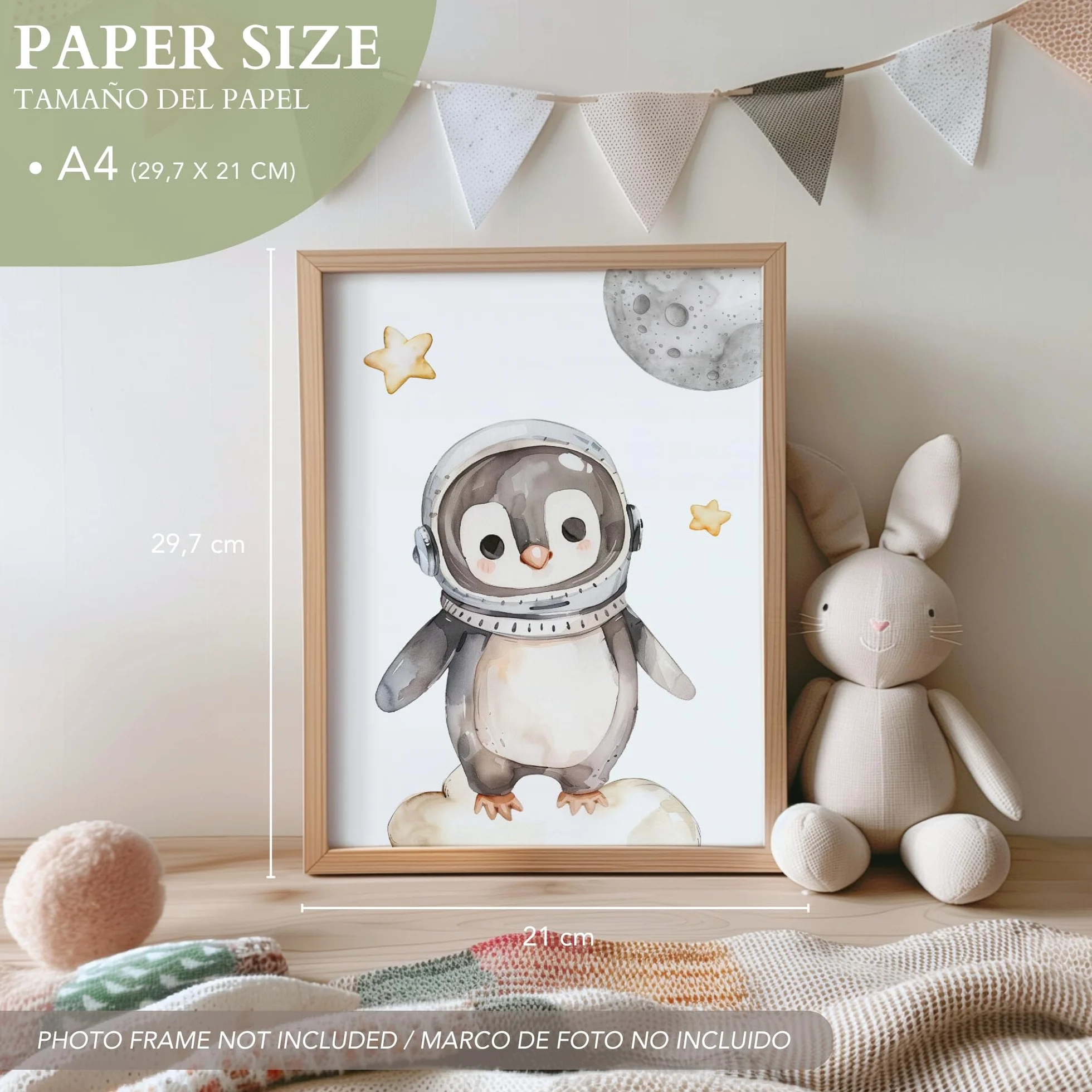 ayurvana: Set 6 Láminas Espacio Bebé - Decoración Pared Habitación Infantil | Set de 6 láminas A4 con animales astronautas. Diseño acuarela para decorar la habitación de tu bebé con ternura y estilo.