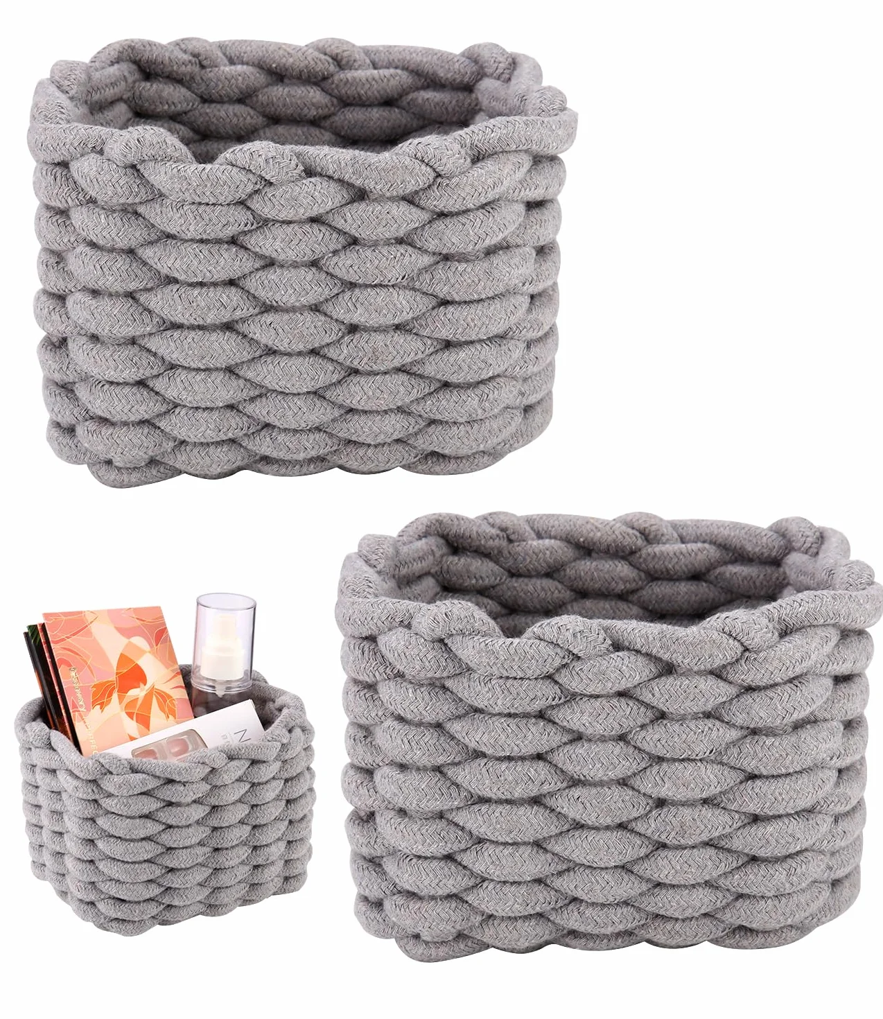 Juego de 2 Cestas Almacenaje Tejida Cuerda Algodón, Cajas Almacenaje Cuerda Algodón, Cesta Organizadora Bebe Hogar Gris