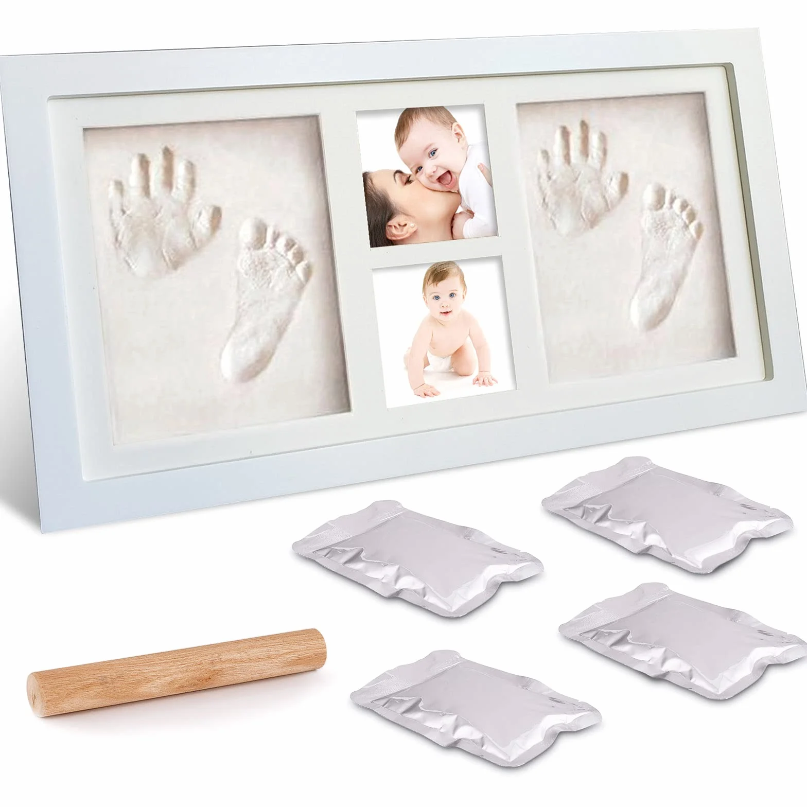 Kit de marco de fotos para huellas de manos y pies de bebé para niños y niñas recién nacidos, kit de huellas de bebé, arcilla de impresión segura para moldear con un marco de madera de primera