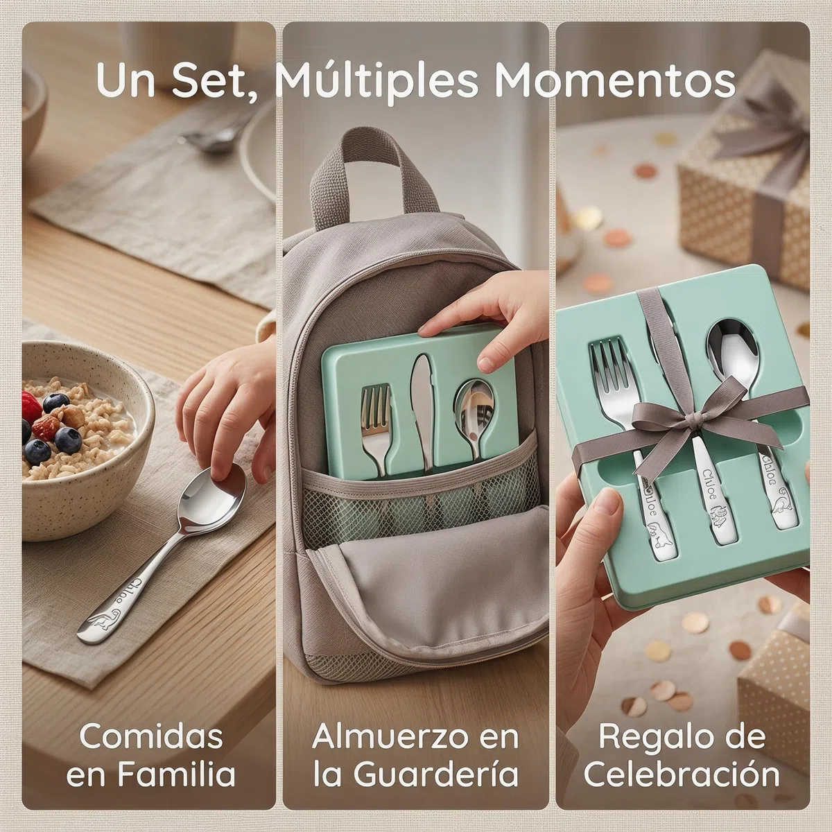 Cubiertos Infantiles Personalizados con nombre grabado, Set de Cubiertos Infantiles en Acero Inoxidable con Personalización.
