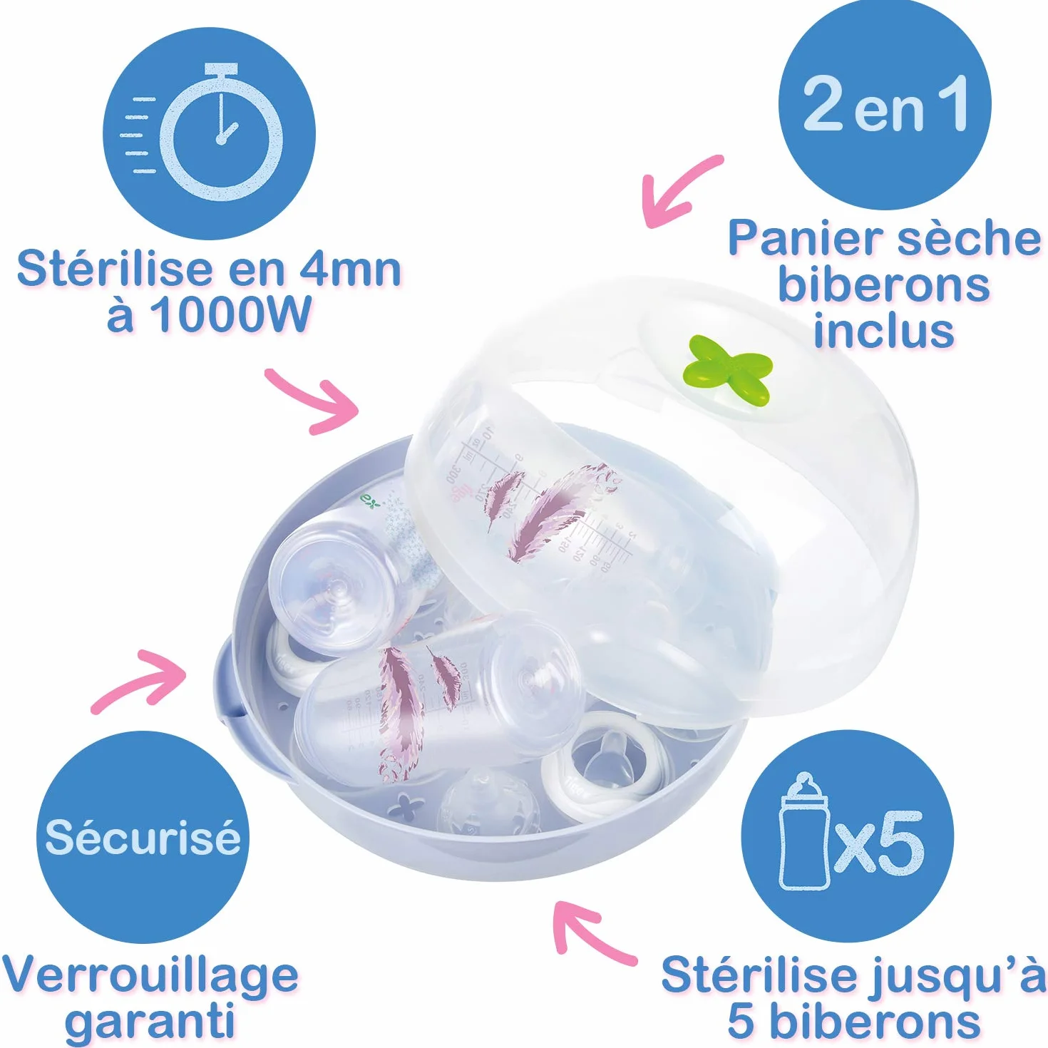 Tigex Esterilizador biberones microondas | Gran capacidad: 5 botellas | Esteriliza las botellas de bebé en 4 minutos