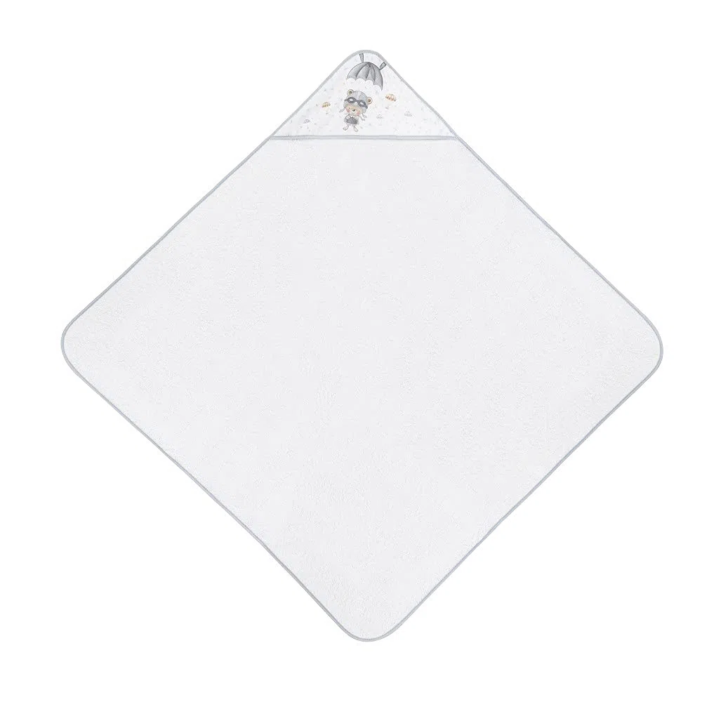 Interbaby - Capa de Baño Bebe Blanco/Gris | Toalla Bebe con Capucha 100% Algodón, 100x100cm, Unisex | Suave, Cómoda, Secado Rápido | Ideal Recién Nacidos, Bebes y Niños Pequeños | Diseño Paracaidista