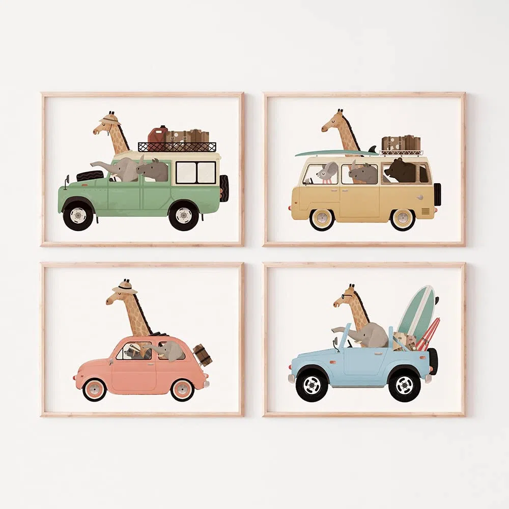 Youihom 4 Laminas Decorativas Pared Niños Automobile Cuadro Animales Habitacion Infantil Lienzo Dormitorio Niña Poster Pared Bebe Cuadros Infantiles 21 x 30 cm sin Marco