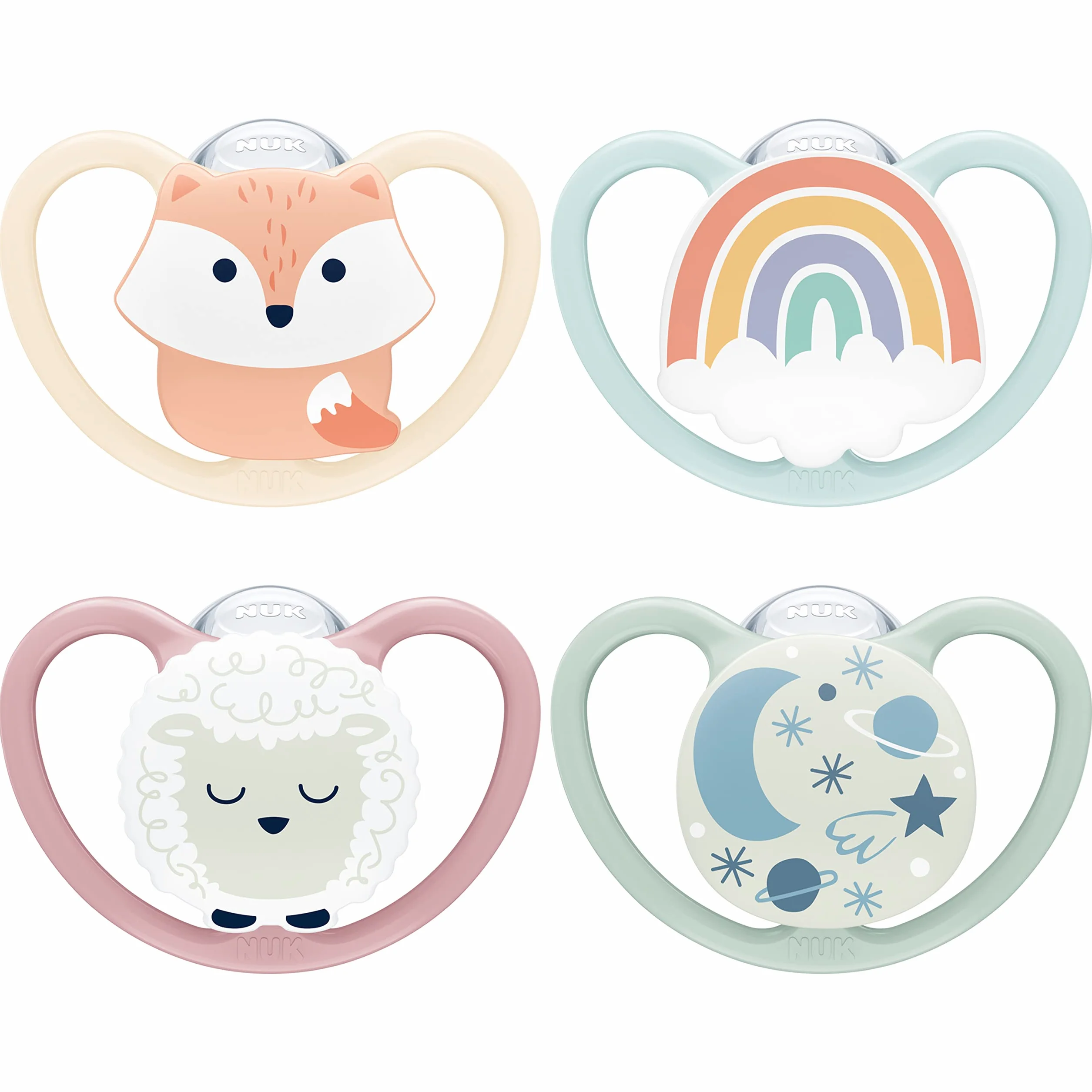 NUK Space Day & Night chupete | 0-6 meses | Chupetes que brillan en la oscuridad con ventilación adicional para pieles sensibles | Silicona sin BPA | Lobo y oveja | 4 unidades
