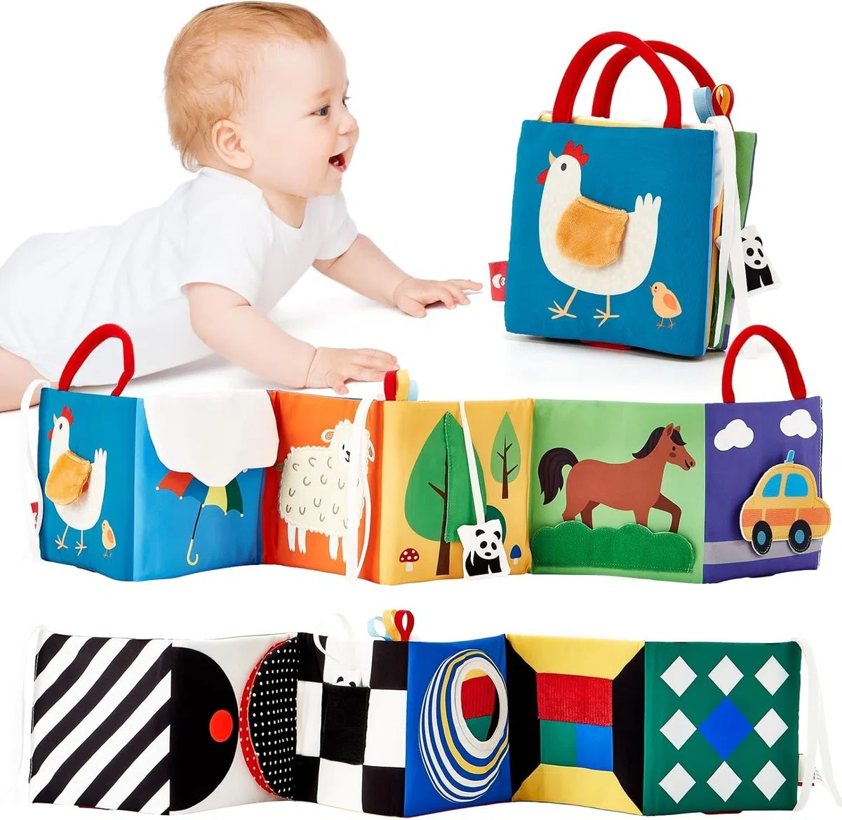 hahaland Libro Bebe Plegable Juguetes Bebes 0 3 6 12 Meses, Libro de Tela Blandos para Bebes Recien Nacido, Doble-Cara Libro Sensorial Suave de Actividades para Tummy Time 0 + Meses