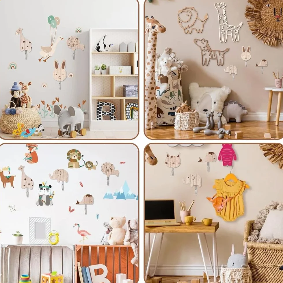 Perchero Infantil Pared Madera Animales Diseño Adorable Colgador Adhesivo Bebé Dormitorio Perchas Adhesivas Fuertes Decoración Infantil (6 piezas)